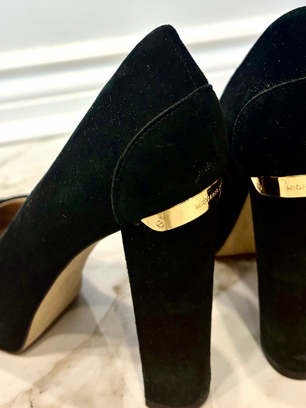 Michael Kors Black Suede Block Heel Pumps with Gold Accent